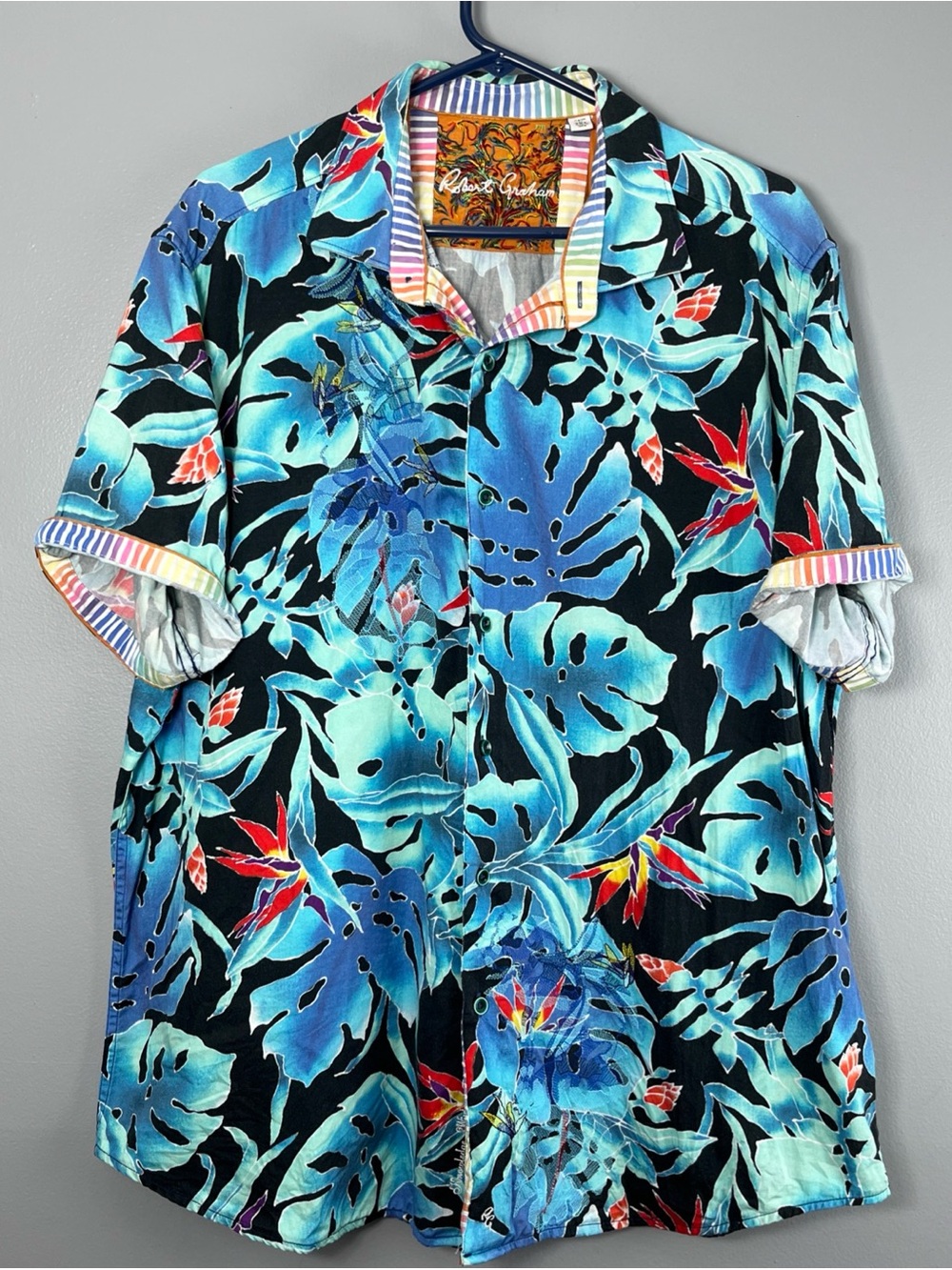 Robert Graham Black & Blue Tropical Leaf Short-Sleeve Button-Down Shirt